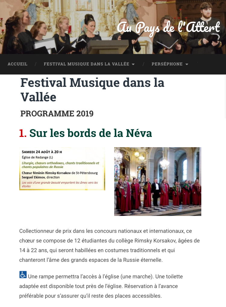 Page Internet. Au pays de l|Attert. Sur les bords de la Neva à l'église de Redange (L). Chœur féminin Rimsky-Korsakov de Saint-Pétersbourg. 2019-08-24